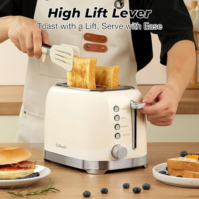 Toaster 2 Slice Retro Stainless Steel with 1.5” Extra Wide Slots Bagel, Defrost, Reheat, Cancel Functions, 6 Bread Shade Settings, Removable Crumb Tray, Cream White