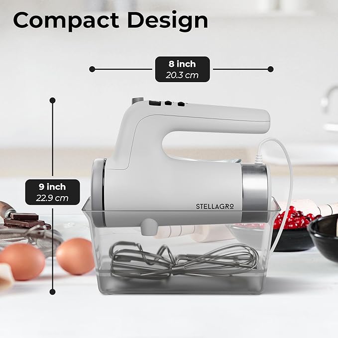 9 Speed Electric Handheld Mixer with Stainless Steel Whisk Beater Attachments & Snap Storage Case, Compact Lightweight 350 W Powerful hand held mixer for Baking & Cooking, White