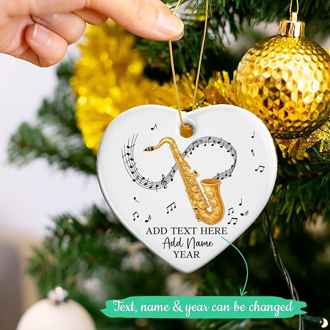 Personalized Saxophonist Christmas Ceramic Ornament 2025, Custom Text Name & Year Saxophone Player Xmas Ornament, Saxophone Musical Instrument Ornaments for Xmas Tree, Gifts for Music Lovers
