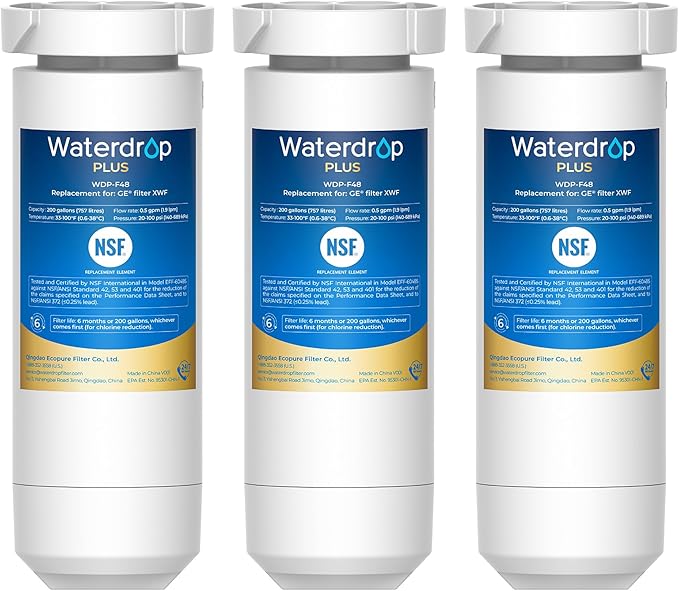 Waterdrop Plus XWF Replacement for GE® XWF, WR17X30702, NSF/ANSI 401&53&42&372 Certified, 𝐑𝐞𝐝𝐮𝐜𝐢𝐧𝐠 𝐏𝐅𝐀𝐒, 3 Filters