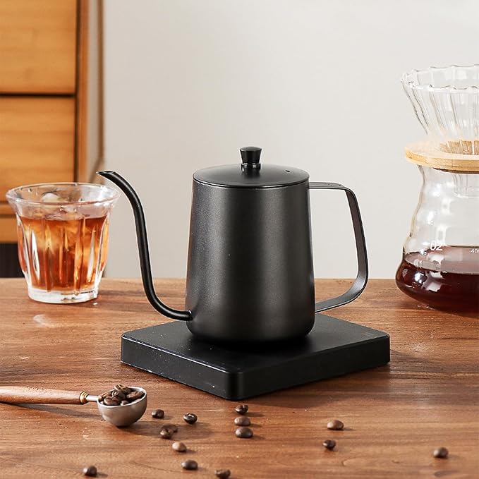Pour Over Coffee Kettle, 12oz Stainless Steel Gooseneck Spout Pour Over Coffee Kettle Long Narrow Drip Spout Coffee Tea Pots for Pour Over Coffee, Home Brewing, Camping (12oz, Black with Lid)