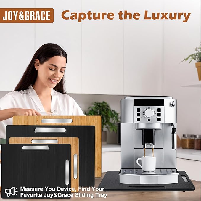 Joy&Grace Appliance Slider for Kitchen Appliances 360° Rolling Sliding Tray for Coffee Maker Countertop, Bamboo Coffee Pot Slider Rolling Tray with Universal Rollers (Black, Large 16"x13")