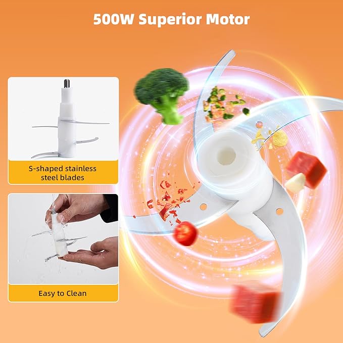 Food Processor,Electric Food Chopper with 500W Stainless Steel Motor & 2 Sharp Blade Sets, 8-Cup Stainless Steel Bowl for Meat, Vegetables, Fruits and Nuts
