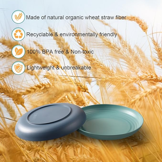 12 Pcs Unbreakable Deep Dinner Plates Set, 10 inch Reusable Plastic Wheat Straw Plates, Microwave and Dishwasher Safe Plate for Kitchen, Lightweight Plate for Dessert, BPA Free, 6 Colors