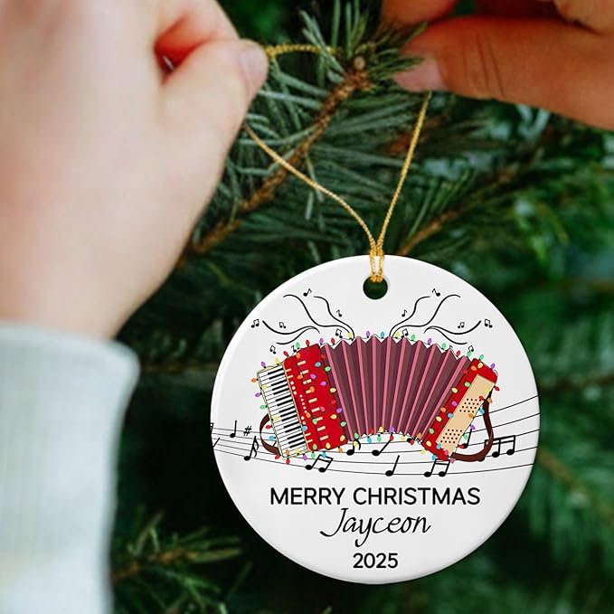 Unique Accordion Musical Ceramic Xmas Ornament 2025, Customized Year Text Name Accordionist Christmas Ornaments Gift for Accordion Player Friends Daughter Son Dad Mom,Personalized Accordions Ornament