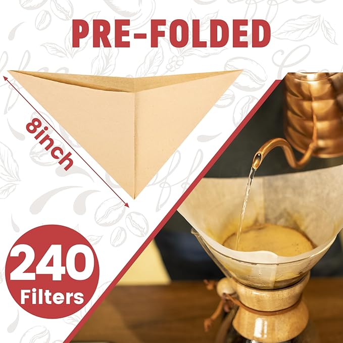 Pre-Folded Unbleached Cone Coffee Filters – Premium Canadian-Imported Thick Paper, Compatible with CHEMEX Pour-Over Coffee Makers (240)