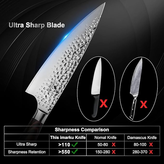 imarku Damascus Chef Knife, 8 Inch Kitchen Knife Ultra Sharp Cooking Knife HC German Stainless Steel Japanese Knife for Kitchen, Hand-Hammered Design, Ergonomic Handle, Christmas Gifts for Women Men