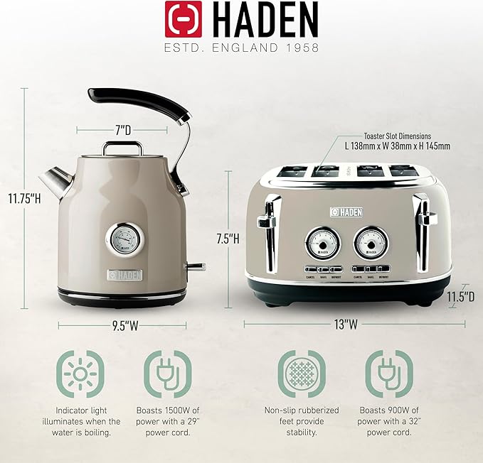 Haden Dorset 4 Slice Wide Slot Stainless Steel Toaster Bundled with 1.7 Liter Stainless Steel Electric Kettle with 360-Degree Base, Putty & Chrome