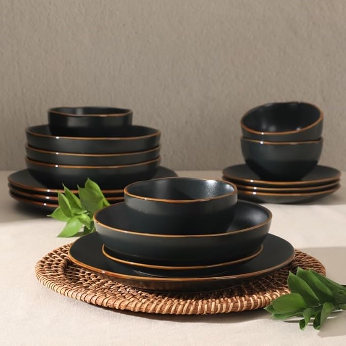 Gibson Home Hazeltine 16-Piece Black Stoneware Dinnerware Set – Plates and Bowls, Durable Ceramic Kitchen Dinner Set