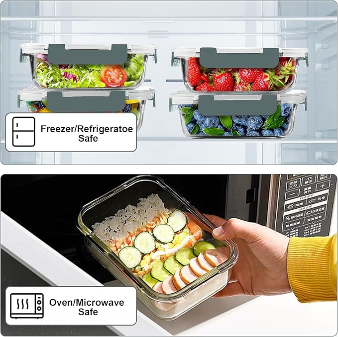 VERONES 10 Pack 22 OZ Glass Meal Prep Containers, Airtight Glass Lunch Containers Set, Glass Food Storage Containers with Lids,Exclusive of BPA, for Microwave, Oven, Freezer & Dishwasher Friendly,Grey