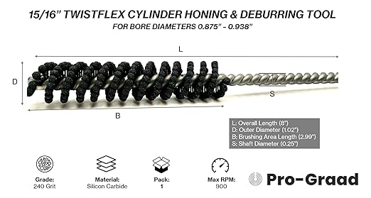 TwistFlex 15/16" 240SC Cylinder Hone, 0.9375” (23.8mm) Flexible Cylinder Honing & Deburring Tool for Hole Diameters 0.875"- 0.938“, 240 Grit Silicon Carbide, Pack of 1