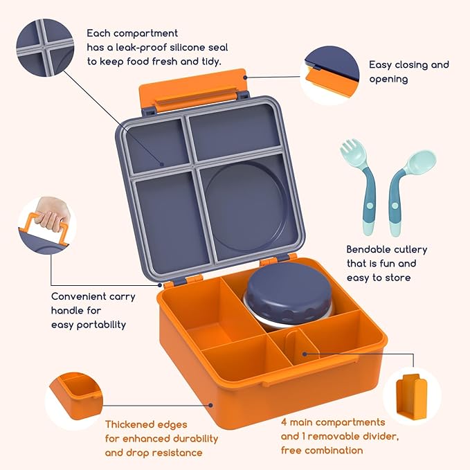 Bento Box for Kids - Leak-Proof Bento Lunch Box with Insulated Thermos Food Jar - 4 Compartments, 1 Removable Divider, 1Spoon, 1 Fork - Dishwasher Safe, BPA-Free (Navy blue)