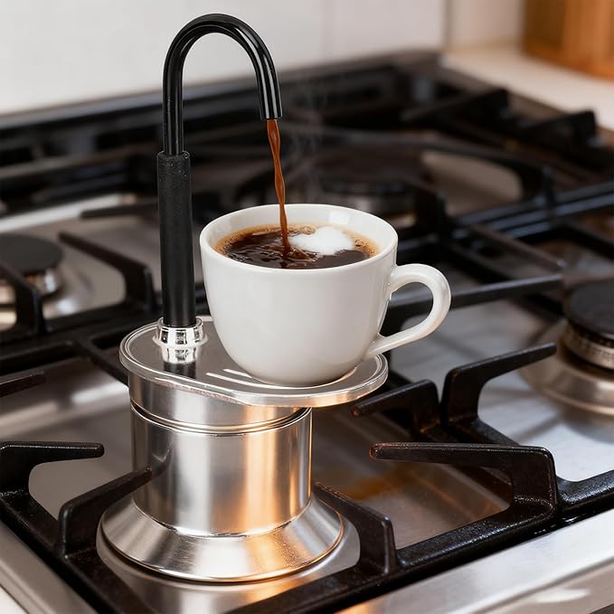 Mini Italian Mocha Coffee Maker, Single Cup, 50ml Capacity, Portable Outdoor Coffee Pot, Black Handle, Silver Base