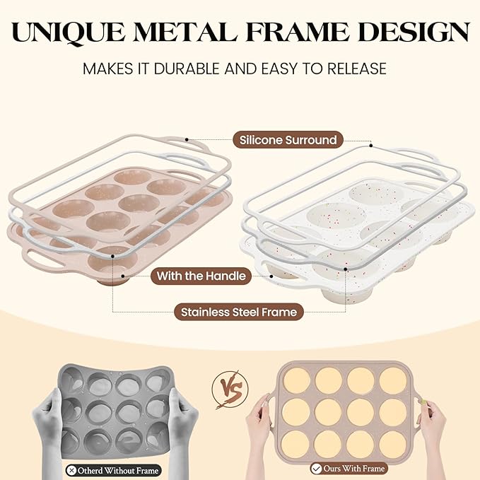 Vinino 2Packs Silicone Muffin Pans for Baking with Metal Reinforced Frame, 12 Cups Regular and 6 Cups Jumbo Nonstick Cupcake Pan, BPA Free Oven Dishwasher Safe Baking Mold for Muffins Cupcakes