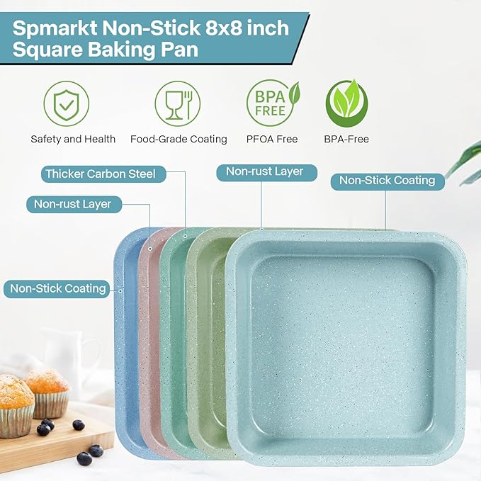 2-Pack 8 inch Square Baking Pan, Non-Stick Square Cake Pan for Cakes Lasagna Brownies, 8x8 Baking Pan, Even Heating, Easy to Clean, Light Blue