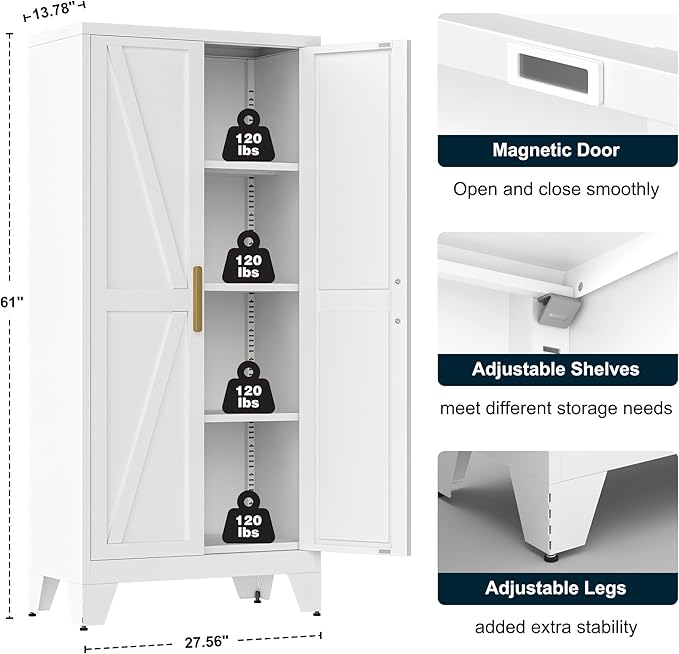 61" Tall Metal Storage Cabinet with 2 Doors and 3 Adjustable Shelves, 4-Tier Kitchen Pantry Storage Cabinet for Kitchen, Living Room, Dining Room and Office, White