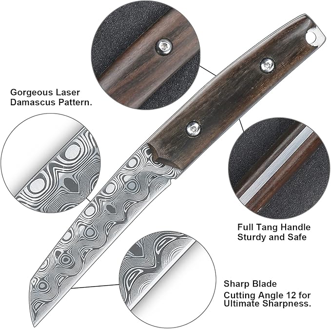 WILDMOK Paring knives Stainless Steel 3.2 Inch Utility Knife Full Tang Fruit Vegetable Cutting Carving Kitchen Knife with Leather Case (A)