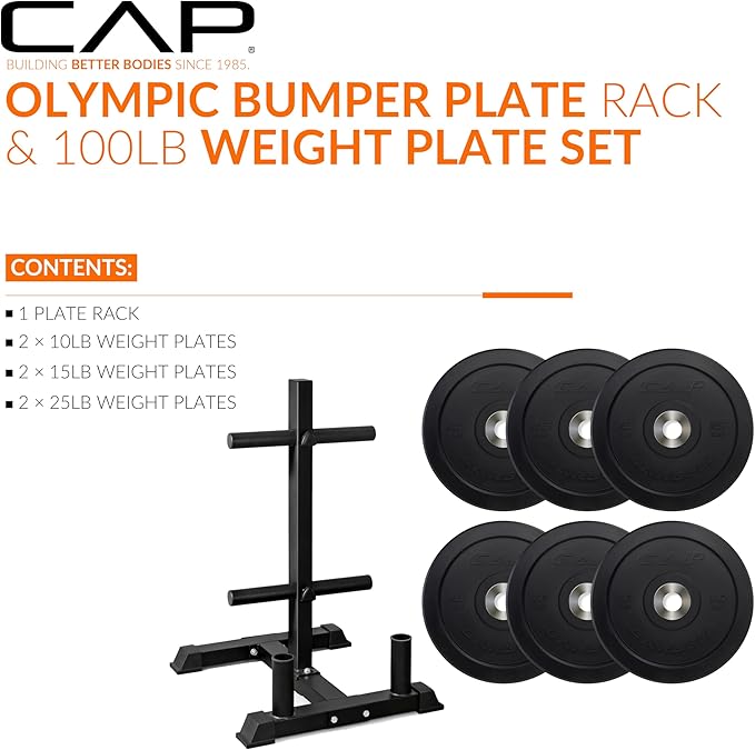 CAP Barbell 2-Inch Olympic Bumper Plate Weight Set with 6 Post Rack | 100-370 lbs | Multiple Options