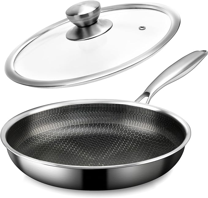 Stainless Steel Frying Pan with Lid, 8 Inch Honeycomb Non Stick Frying Pan, Small Stainless Steel Nonstick Pans W/Lid, Safe Nonstick Skillet Egg Omelete Pans, Oven Safe, Induction Compatible,PFOA Free