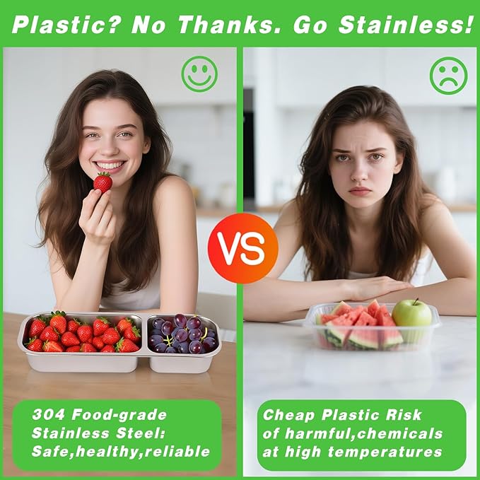 Stainless Steel Snackle Container For Adults, Reusable Bento Lunch Box Snack Containers, 2-3 Compartment Divided Food For Home Work Travel (2 Pack)