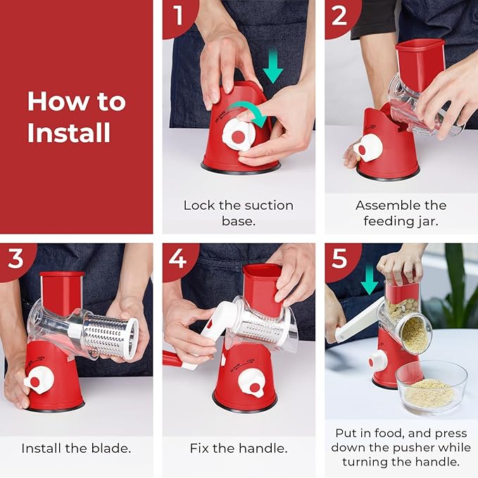 X Home Rotary Cheese Grater for Kitchen, Shredder with 3 Interchangeable Blades, Rotary Grater with Handle and Strong Suction Base, for Vegetables, Fruit, Nuts, Easy to Use and Clean, Red
