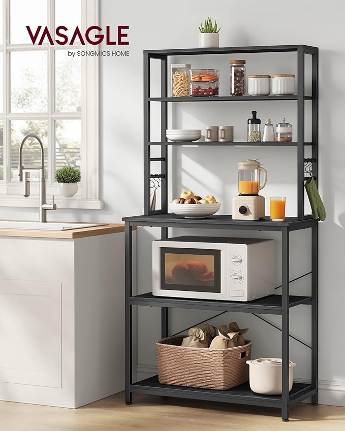 VASAGLE Coffee Bar, 31.5 Inches Baker's Rack for Kitchen with Storage, 6-Tier Kitchen Shelves with 6 Hooks, Microwave Stand, Industrial, Charcoal Gray and Black UKKS019B22