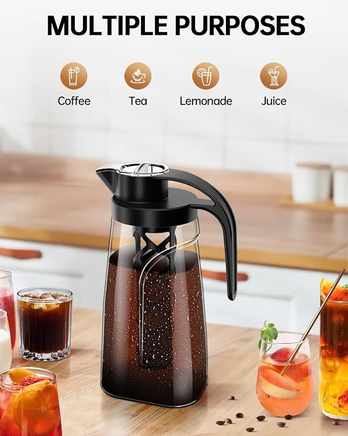 Cold Brew Coffee Maker, 70 oz (2100 ml) BPA Free Tritan Pitcher, Iced Coffee Maker and Tea Brewer, 100% Leak-Proof, Easy to Clean Reusable Mesh Filter, Black