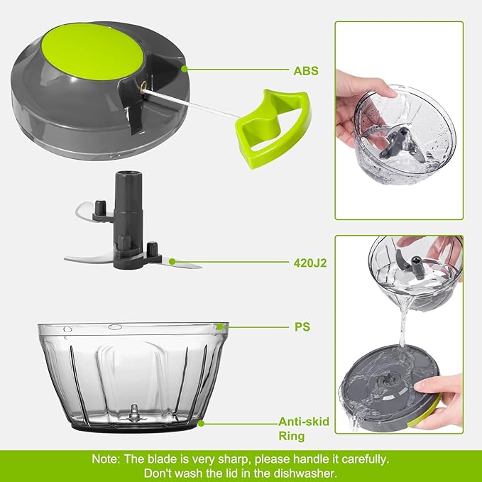 Manual Food Processor Vegetable Chopper, Portable Hand Pull String Garlic Mincer Onion Cutter for Veggies, Ginger, Fruits, Nuts, Herbs, etc.,500ml