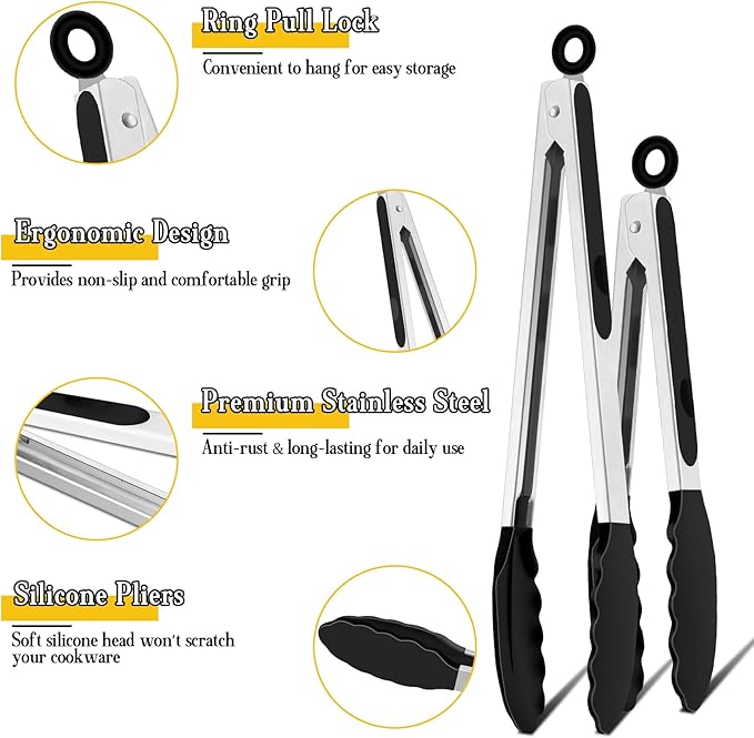TeamFar Kitchen Tongs, 9" and 12" Stainless Steel Cooking Tongs with Silicone Tips for Cooking Grilling Serving & BBQ, Heat Resistant Silicone Tongs, Locking Design & Dishwasher Safe, Set of 2 & Black