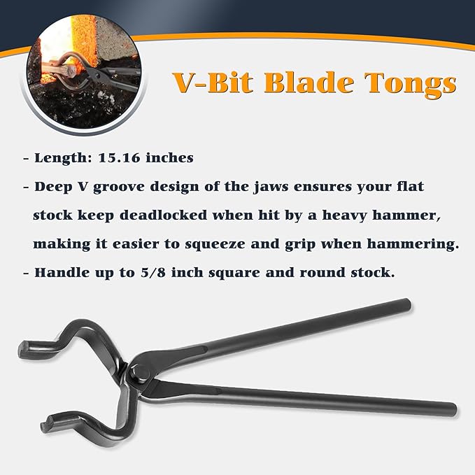 Blacksmith Tongs Knife Making Tongs Set V-Bit Blade Tongs, Flat Tongs, Blade Tongs, Wolf Jaw Tongs, Assembled Blacksmithing Bladesmith Steel Forge Tongs (4PCS)