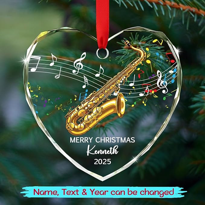 Personalized Text Year Name Saxophone Lover Glass Christmas Ornament 2025, Customized Saxophone Instrument Xmas Ornaments Gift for Brother Sister Dad Mom, Best Saxophonist Appreciation Glass Ornament