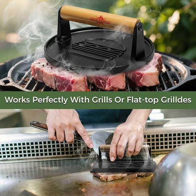 Cast Iron Smash Burger Press (2PCS),Grill Bacon Meat Press Tool,Perfect for Blackstone, Camp Chef, Weber Grills & Indoor Griddles – BBQ & Cookout Must-Have (Round & Rectangle (Flat Bottom)