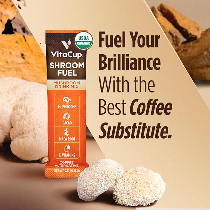 VitaCup Shroom Fuel, Mushroom Based Instant Coffee Alternative Packets, Mushroom Coffee Substitute w/Cacao, Cinnamon, Chaga, Lions Mane, & Maca for Energy, Immune Support, & Focus, 24ct
