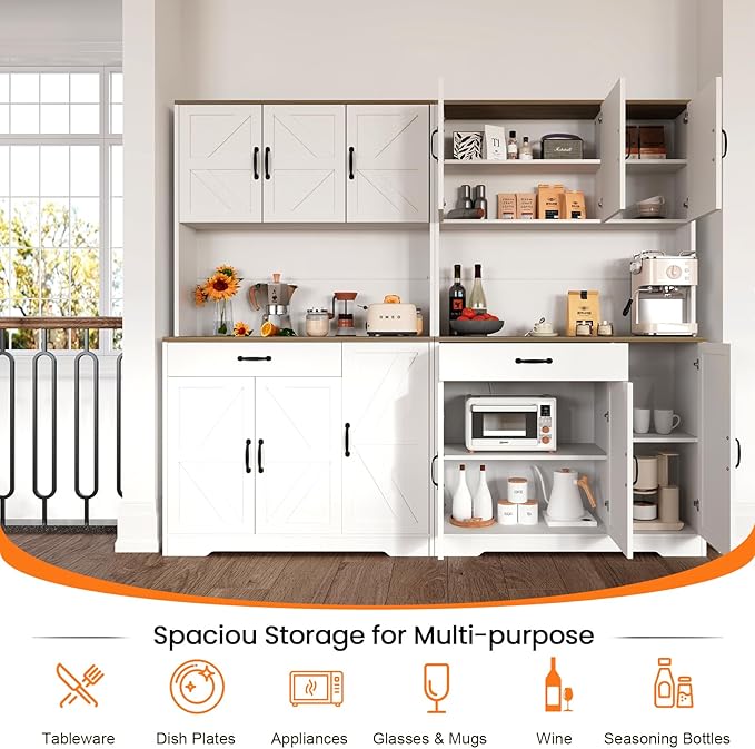 71" Kitchen Pantry Cabinet with Charging Station, Buffet Sideboard for Coffee Maker & Toaster, Storage Cabinet for Snacks, Spices & Wine, Fits Kitchen, Dining Room & Coffee Bar，White