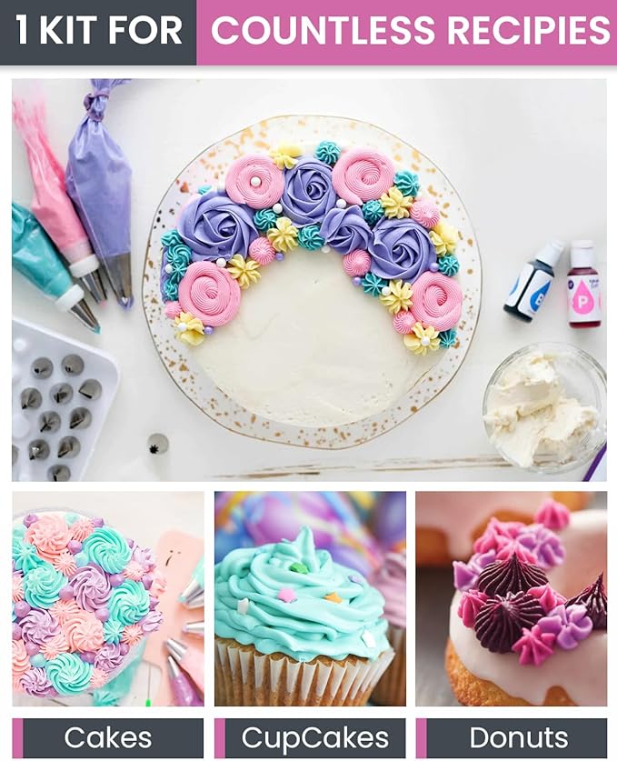 RFAQK 74 PCs Icing Piping Bags and Tips Set, Cake Decorating Kit with 48-Numbered Piping Tips, 20+1 Pastry Bags for Cookie Cupcake Cake Decoration, with Booklet and E-book (Pink)