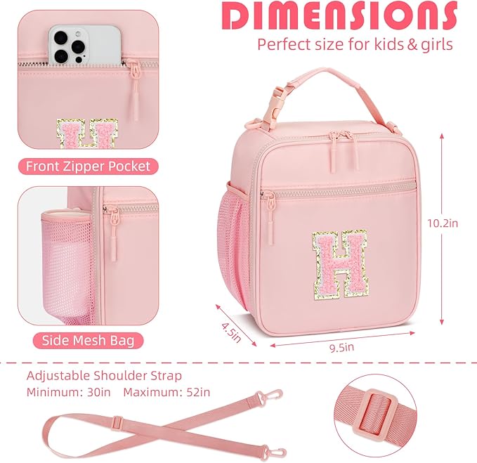 Initial Insulated Lunch Bag for Girls Kids, Back to School Gift, Reusable Leak-proof Lunch Box with Adjustable Strap for School Daycare Travel Picnic (Pink,H)