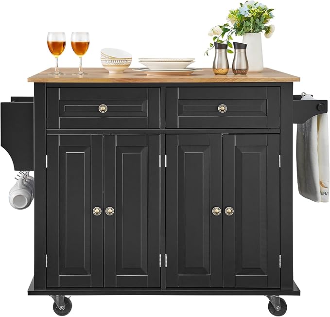 VEVOR Kitchen Island Cart, 35" Wood Top Mobile Carts with Storage Cabinet, Rolling Table with Drop Leaf, Spice Rack, Towel Bar, Adjustable Shelf, Drawer, and Hooks, Portable Islands on Wheels, Black