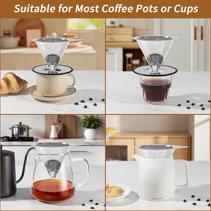 Mongdio Pour Over Coffee Dripper, Stainless Steel Coffee Dripper, Reusable Metal Coffee Filter, Double Mesh Design of Pour Over Coffee Maker, With Removable Base, 1-2 Cups