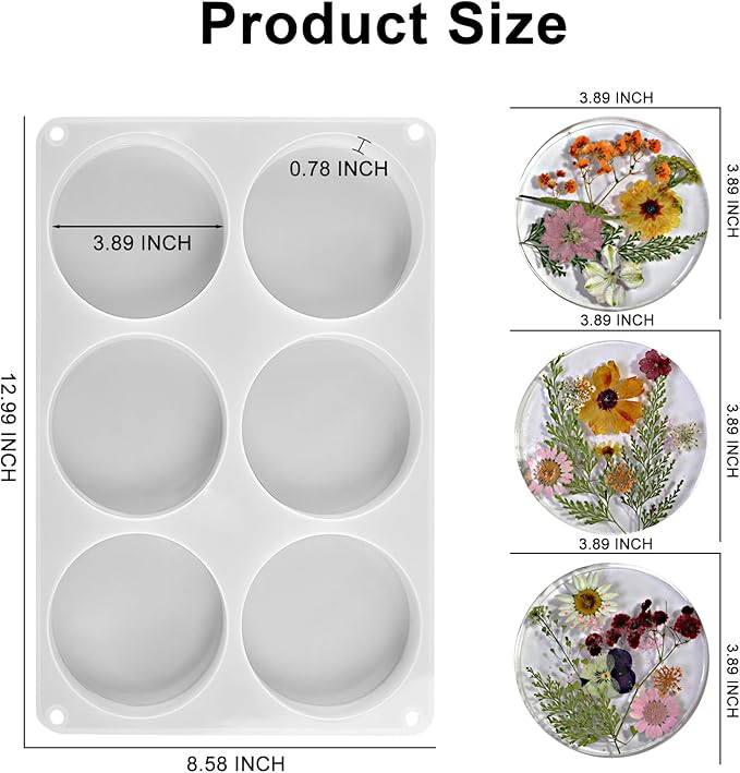 Deep Round Resin Coaster Molds, 6 Cavity Thicken Round Silicone Coaster Molds for Epoxy Resin, DIY Crafts, Bouquet Preservation,Home Decoration