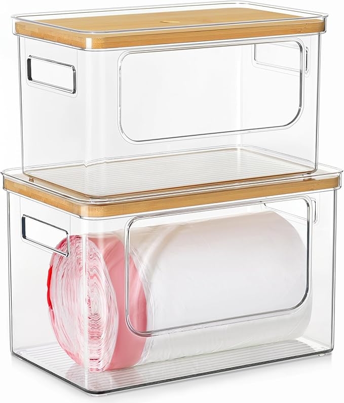 Hudgan Trash Bag Dispenser 2 Pack, Acrylic Garbage Bag Holder with Bamboo Top, Extra Large Trash Bags Holder Dispenser for Pantry Organizer and Under Sink