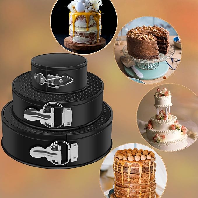 MASSUGAR Springform Cake Pan Set of 3 Non-stick Leakproof Round Cheesecake Pan with Removable Bottom, Circle 3 Pieces 4" 7" 9" Springform Pans for Baking with 50 Pcs Parchment Paper Liners