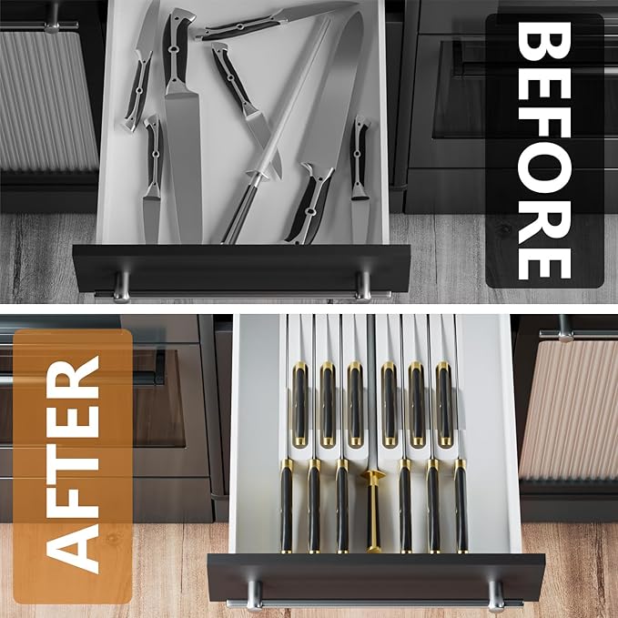 Domax Bamboo In-drawer Knife Block - Knife Drawer Organizer Insert Large Handle Steak Knife Holder, Kitchen Drawer Knife Organizer Fits for 12 knives and 1 Sharpening Steel (Not Included), White