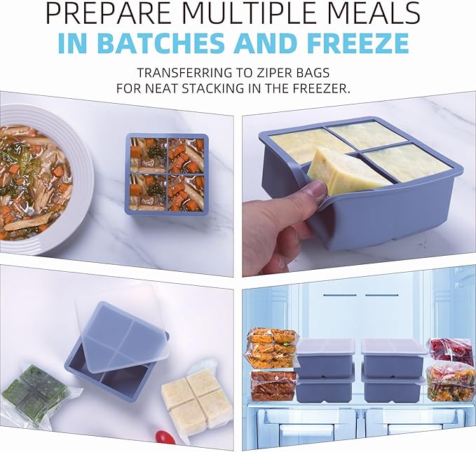 1/2 Cup Silicone Freezer Tray With Lid - Silicone Freezer Molds 4-Pack For meal prep & freezing of various sauces and other dishes, makes 16 perfect 1/2 cup portions cubes (Blue 4 Pack)