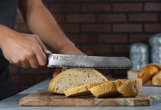 Regalia Bread Knife 10 inch: Professional Serrated Japanese AUS-10 67-Layer Damascus steel ultra sharp blade w/G-10 Ergonomic handle
