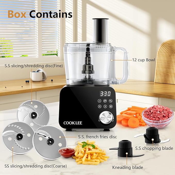 COOKLEE Food Processor, 600 Watts, 6 Functions Electric Vegetable Chopper for Chopping, Mincing, Dicing, Shredding, Slicing, Purees & Dough with 12cup Processor Bowl, Food Chute & Pusher, Black