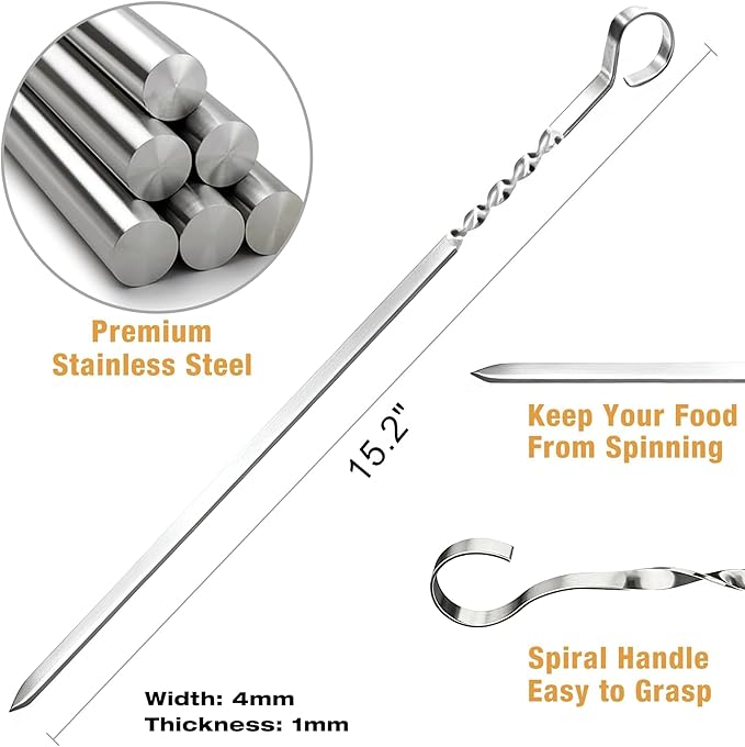 15.2" Kabob Skewers for Grilling, 40 Pack Metal BBQ Skewers - Reusable for Meat, Vegetable, Seafood & More