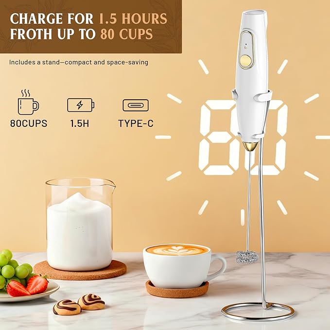 Milk Frother Handheld, Rechargeable Coffee Frother Wand with Stand, Electric Frother for Lattes, Cappuccinos, Matcha, Drinks, Espumador de Leche Electrico