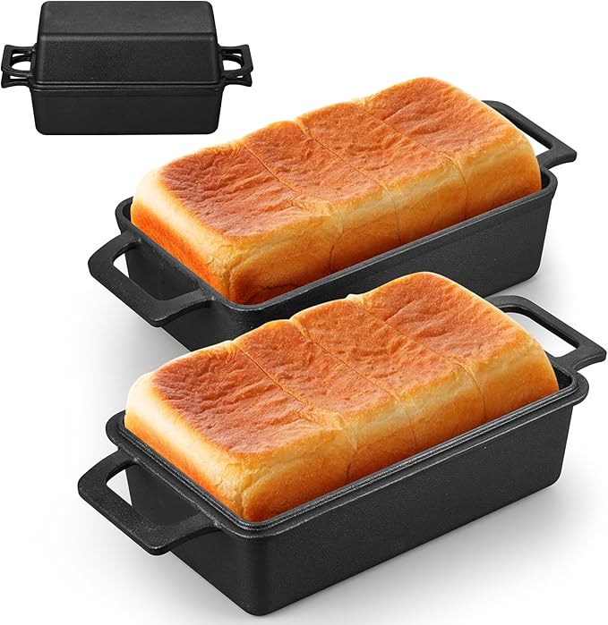Leonyo 9 x 6 inch Cast Iron Loaf Pan with Lid, 2-in-1 Sourdough Baking Pan, Pre-seasoned Loaf Dutch Oven for Homemade Bread, Pound Cake, Lasagna, Up to 500℉ & Black