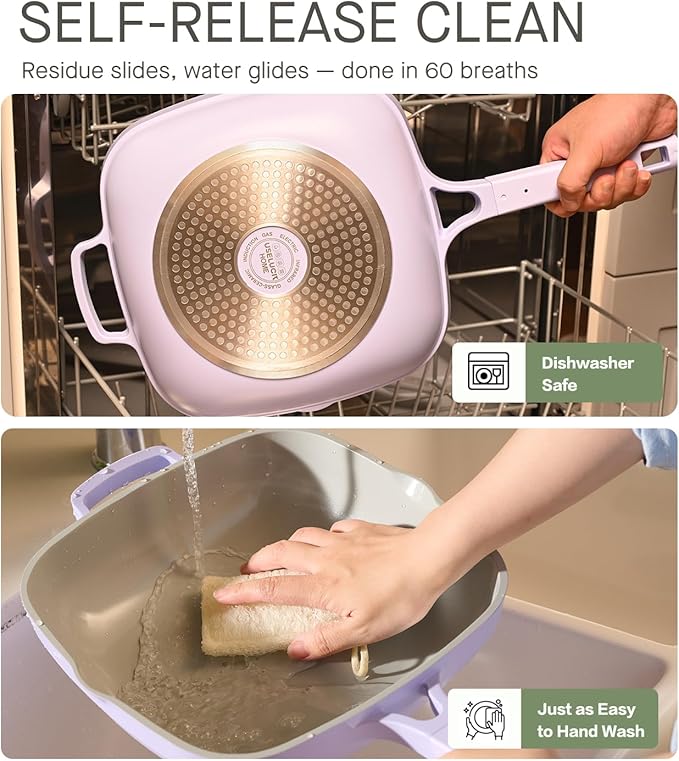 10.5 Inch(3.8QT) Ceramic Pan with Lid,Non Stick Frying Pans Cast Aluminum Deep Sauté Pans,Ti-Ceramic Non Toxic Pix Pan with Wooden Spatula and Scrubber-Morning Mist