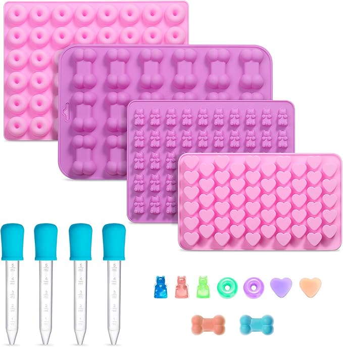 Gummy Candy Molds, 4 Pcs Silicone Chocolate Molds with 4 Droppers, Non-stick Candy Molds for Caramels, Ganache, Ice Cubes, Bone Bear Donut Heart Shape Included